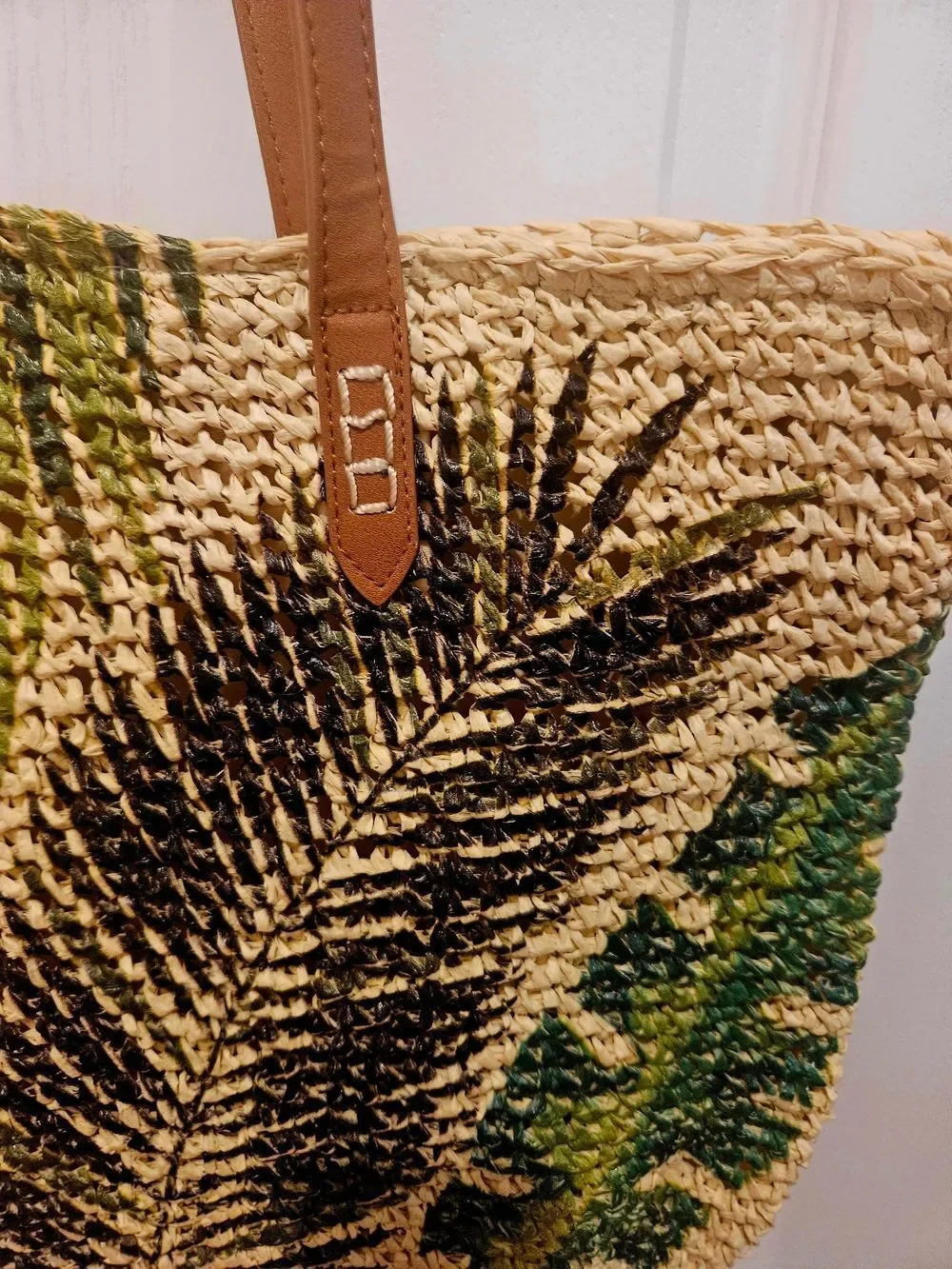 Macy's Woven Straw Tote with Green & Black Leaf Print and Brown Straps